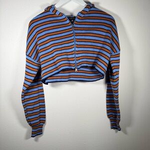 Kendall & Kylie Cropped Knit Hoodie Sweater Blue Orange Striped Y2K XS